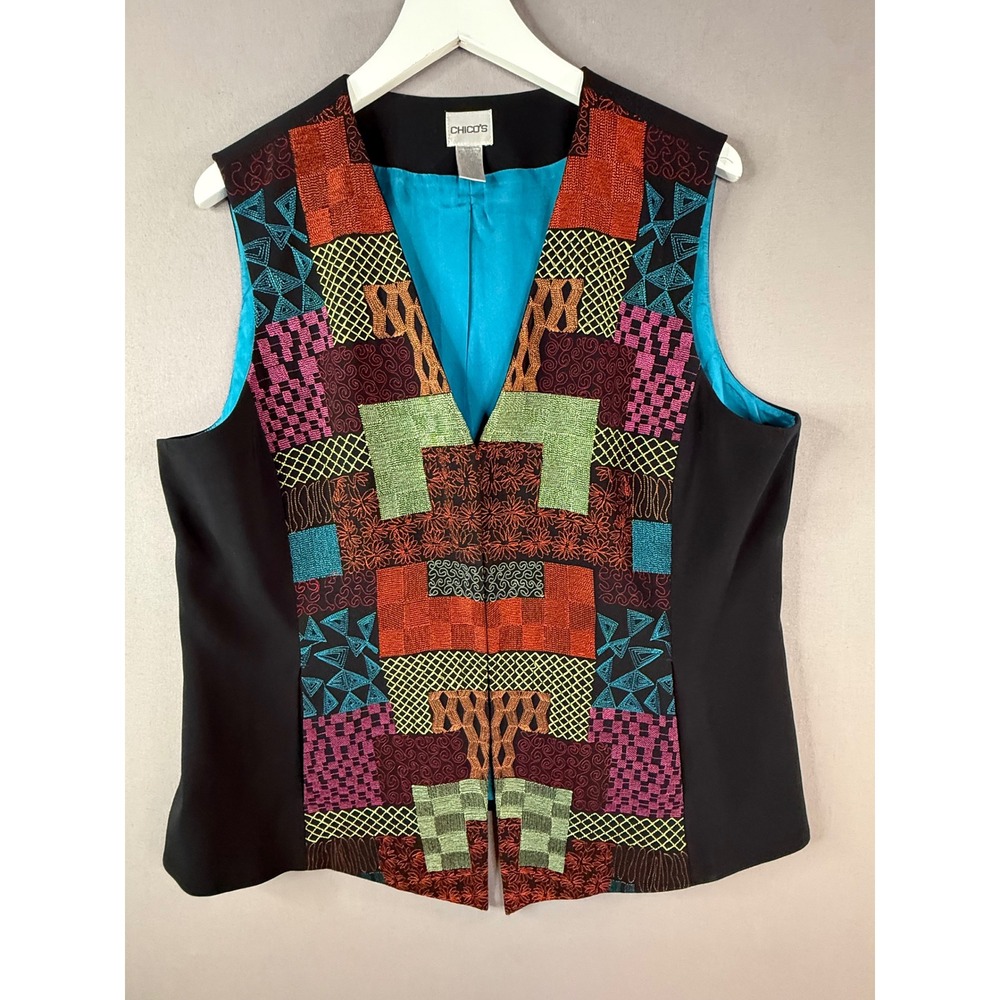 Vtg Chico's Embroidered Vest Women 3 XL Art to Wear Boho Patchwork Artsy Electic